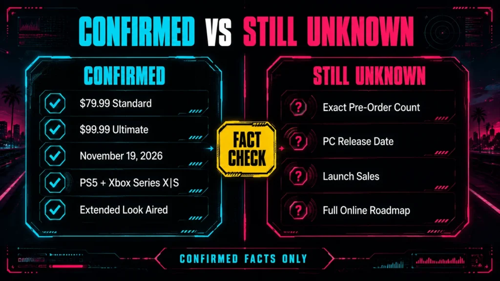 Confirmed GTA 6 pricing and release details compared with remaining unknowns including PC launch and exact pre-order numbers.