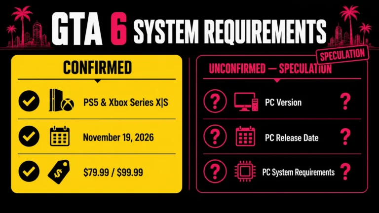 Confirmed console facts versus unconfirmed GTA 6 system requirements PC comparison graphic