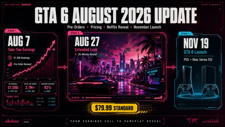 GTA 6 August 2026 timeline showing Take-Two earnings, the August 27 Extended Look, pricing, and the November 19 release.
