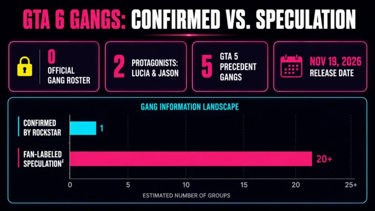 GTA 6 gangs infographic comparing confirmed facts to fan speculation ahead of launch.