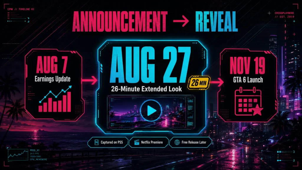 Timeline from Take-Two's August earnings update to GTA 6's August 27 Extended Look and November 19 launch.