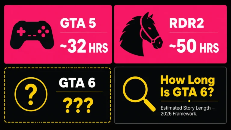 How long is GTA 6 compared to GTA 5 and RDR2 story hours, shown in a 2x2 comparison grid