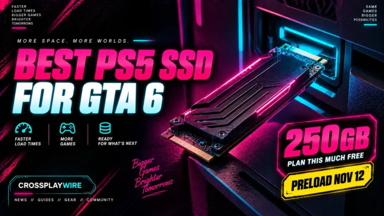 Best PS5 SSD for GTA 6 featured image with an M.2 drive and 250GB storage badge