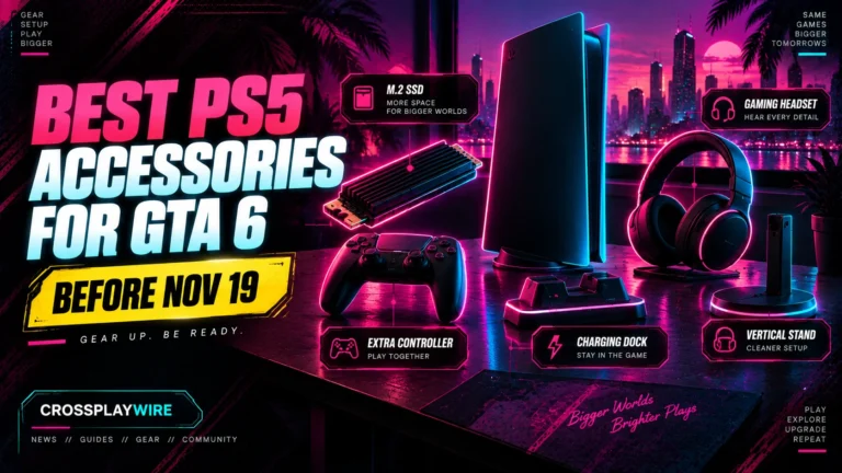 Best PS5 accessories for GTA 6 featured image showing an SSD, controller, dock, headset and stand