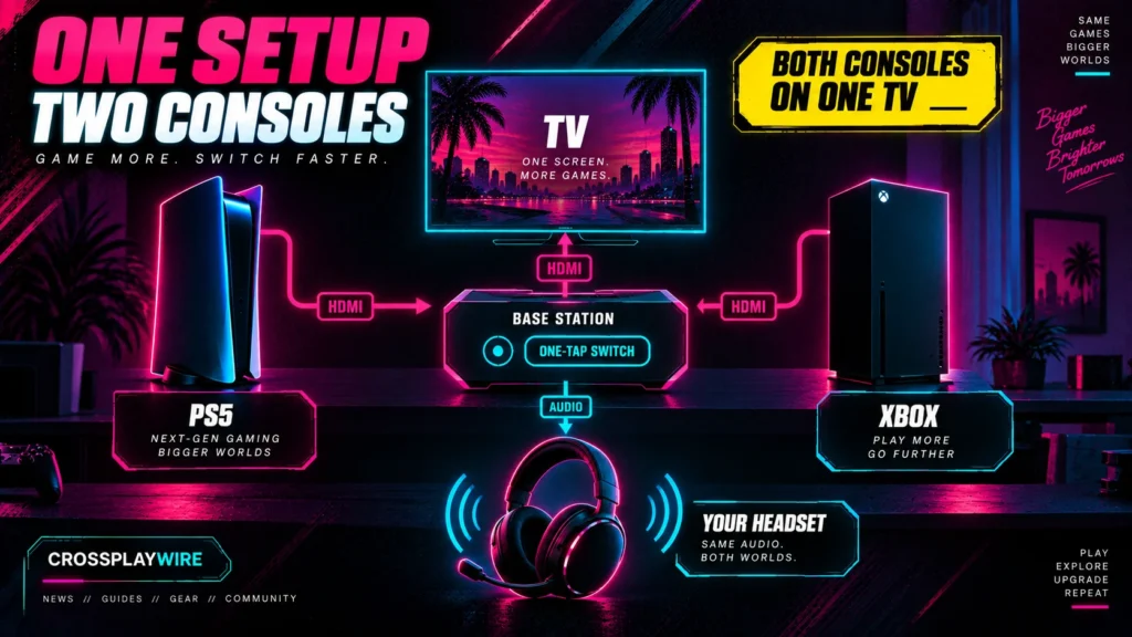 How a headset base station switches audio and video between PS5 and Xbox on one TV