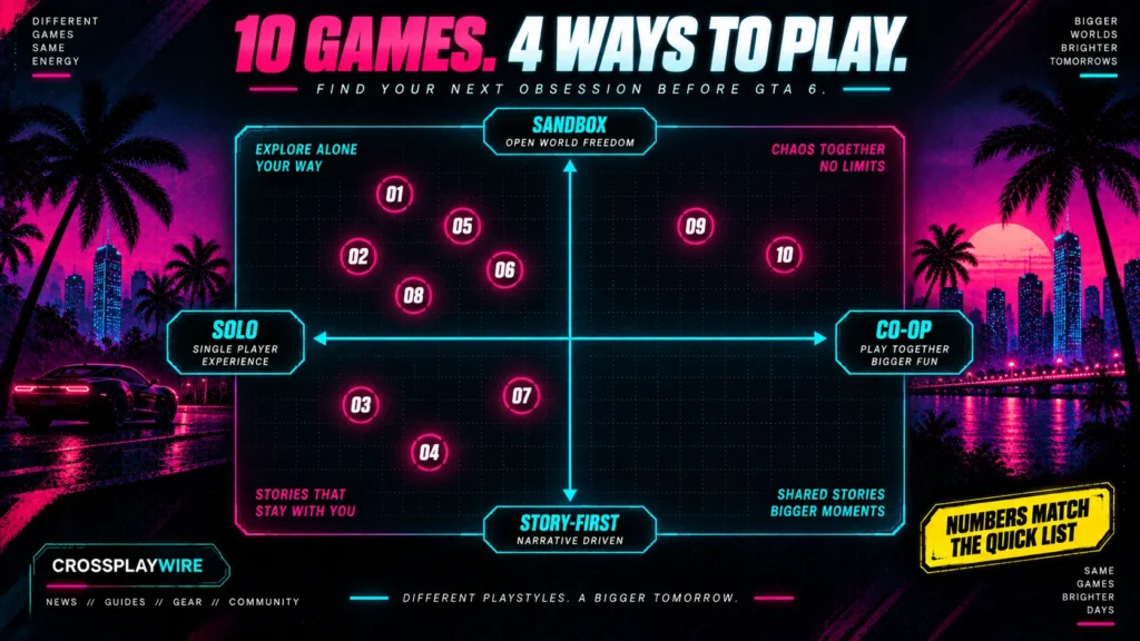 Games like GTA plotted by solo or co-op and story or sandbox play style