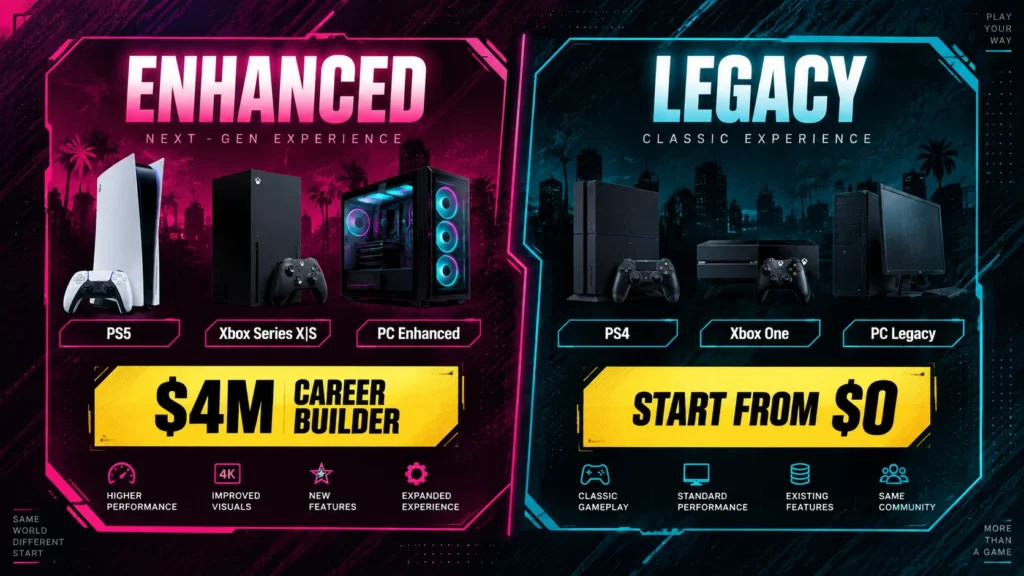 Comparison of GTA Online Enhanced and Legacy versions and which platforms get the Career Builder