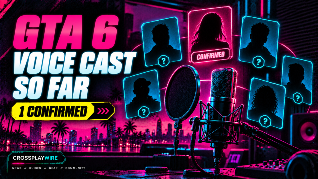 GTA 6 voice cast featured image with a studio microphone and confirmed versus rumored actor cards