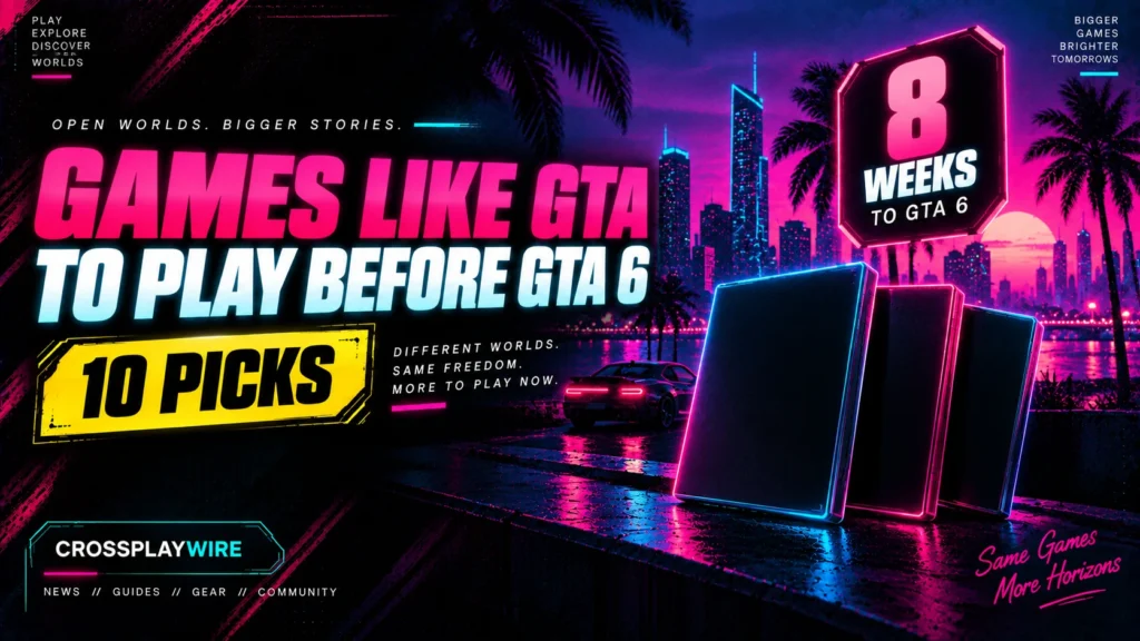 Games like GTA to play before GTA 6 featured image with a neon skyline