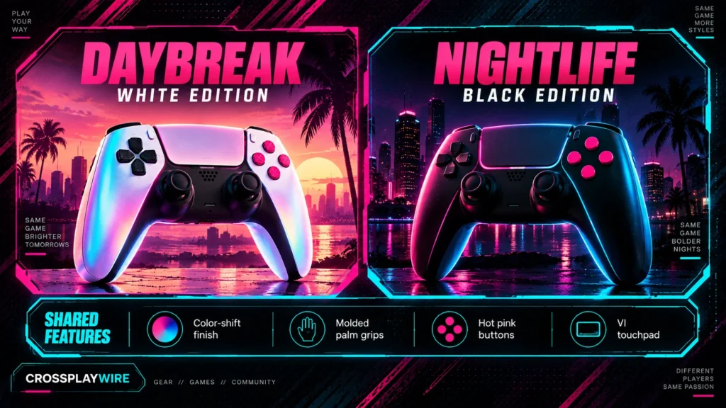 White daybreak and black nightlife GTA 6 DualSense editions compared side by side