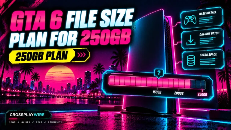 GTA 6 file size featured image showing a console storage bar filling up toward 250GB