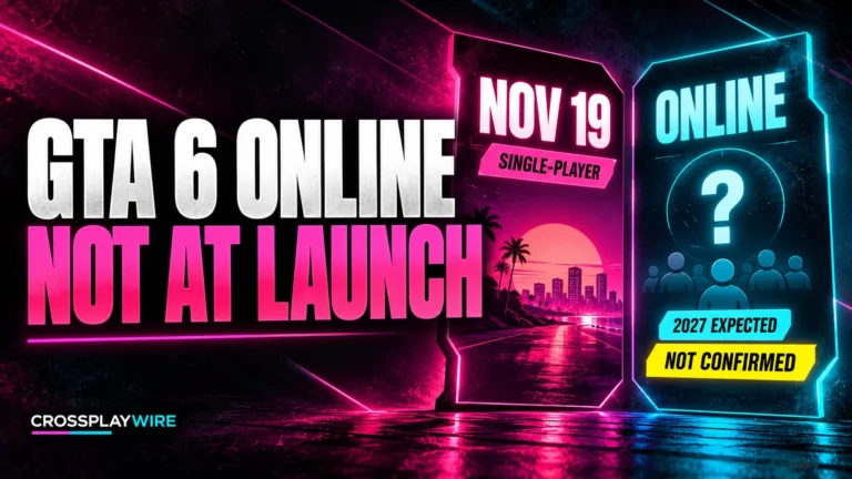 GTA 6 online featured image showing a lit single-player launch panel and a dim online panel marked 2027 expected