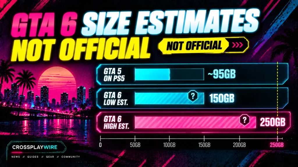 Bar chart comparing GTA 5 on PS5 at about 95GB with GTA 6 estimates of 150 to 250GB