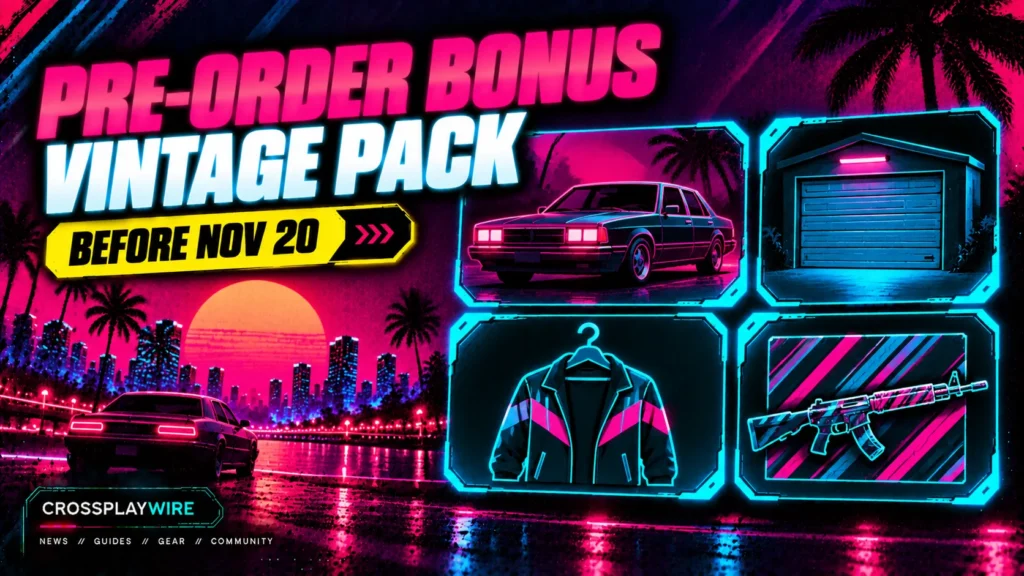 GTA 6 Vintage Vice City Pack pre-order bonus showing a retro sedan, garage, outfits and weapon pattern