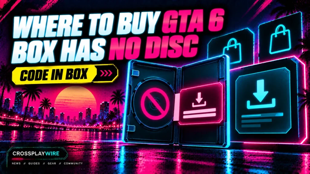 Where to buy GTA 6 featured image showing a code-in-box case with no disc next to a digital storefront tile
