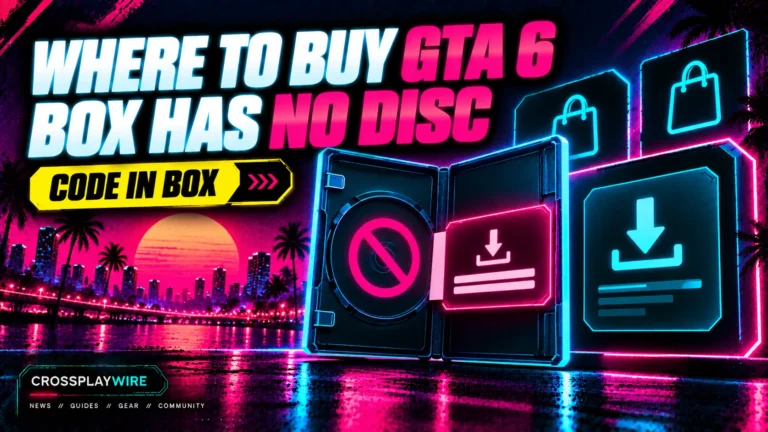 Where to buy GTA 6 featured image showing a code-in-box case with no disc next to a digital storefront tile